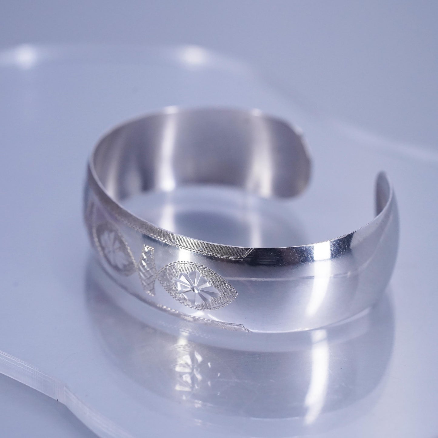 6.5”, Indian Siam sterling silver bracelet, 925 disc engraved goddess cuff