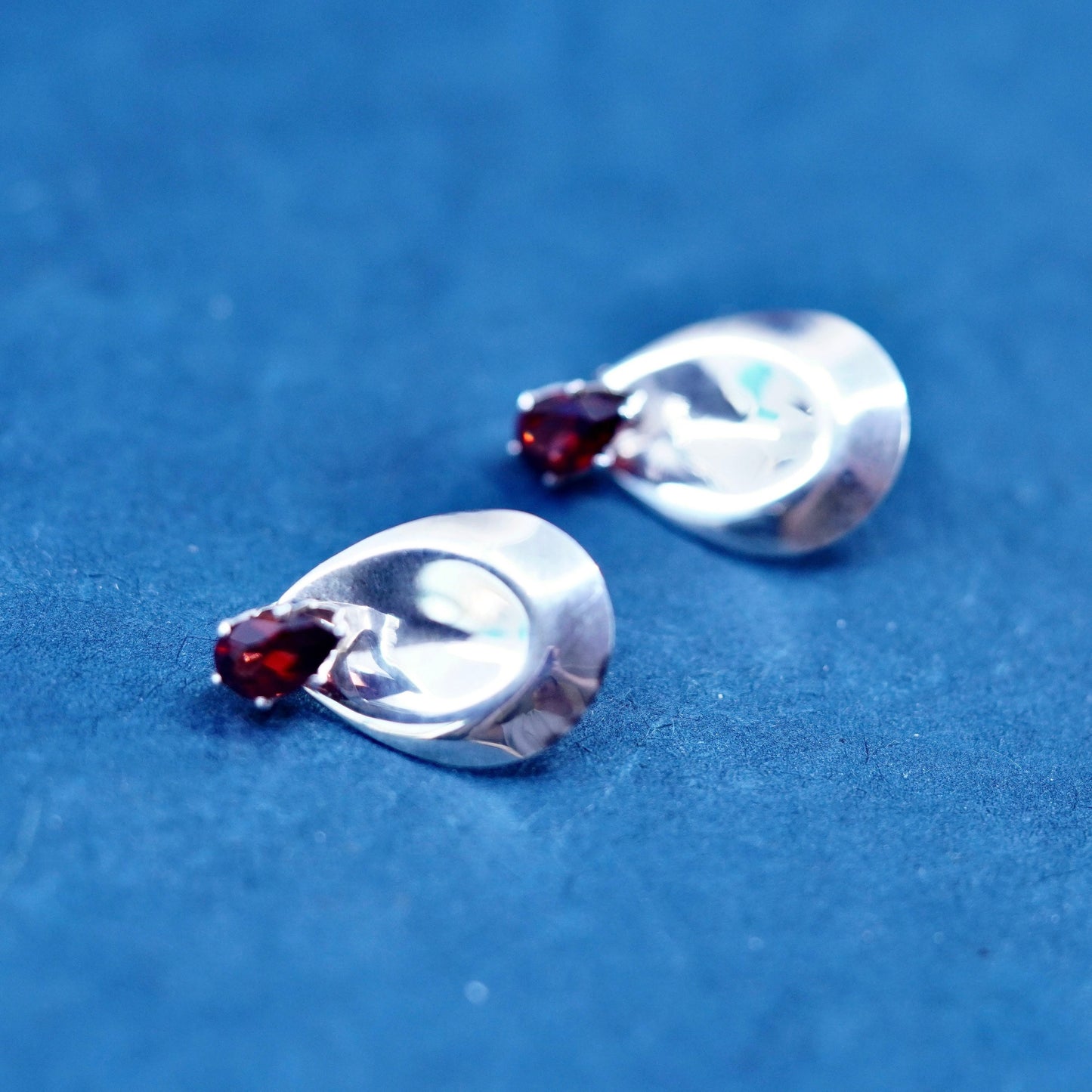 Vintage Sterling silver handmade earrings, 925 teardrop studs with ruby