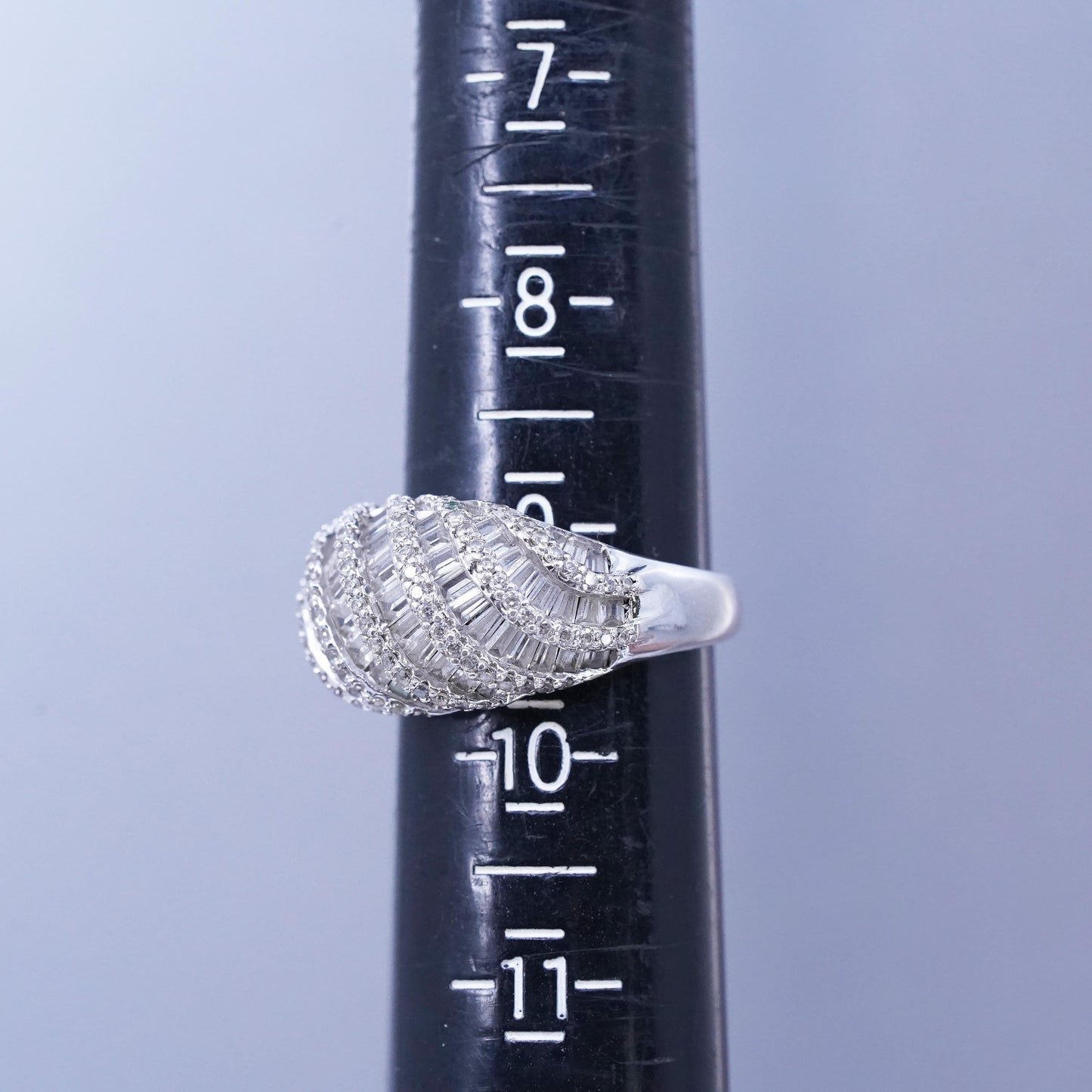 Size 9.25, vintage Sterling 925 silver woven ring with cluster diamonique cz