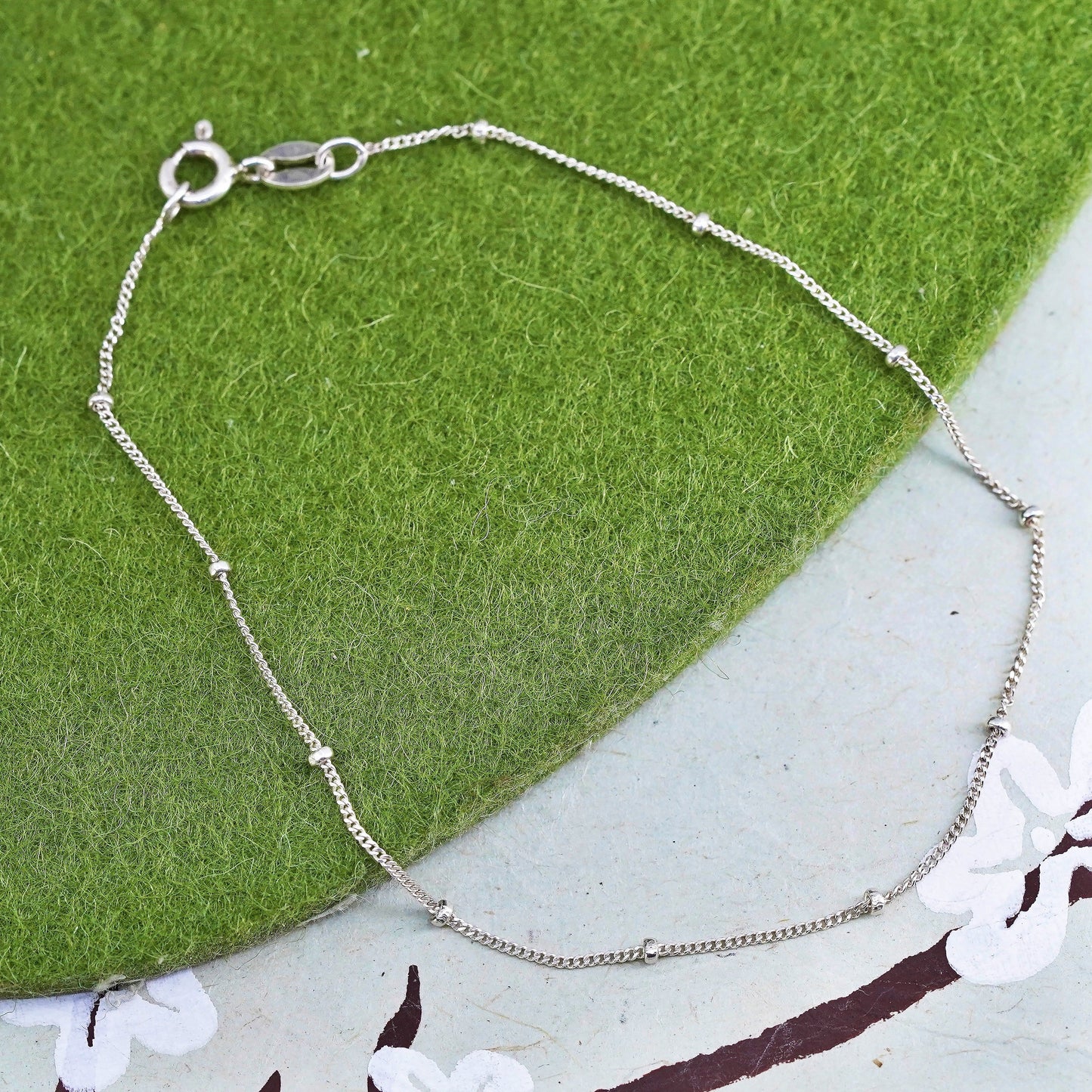 7.75”, 1mm, Vintage sterling silver bracelet, 925 twisted curb chain with beads