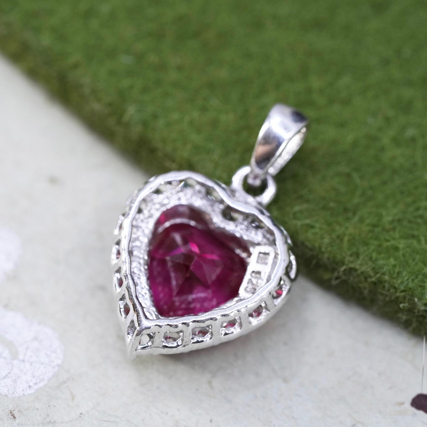 Vintage sterling silver pendant, 925 silver heart with ruby and cz around