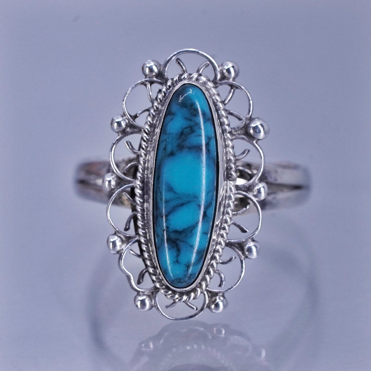Size 6, Mexico Taxco Sterling 925 silver handmade filigree ring with turquoise