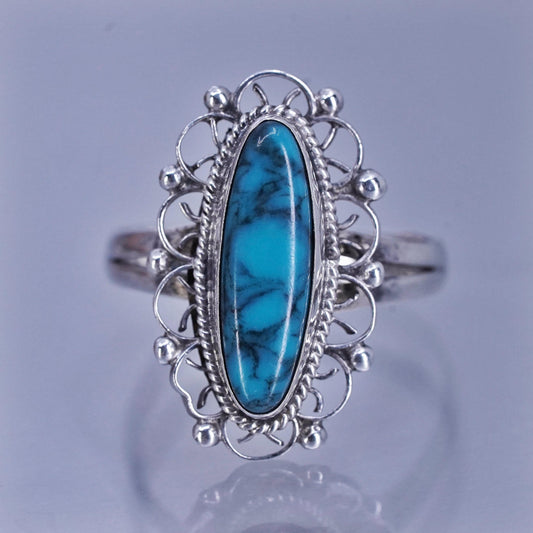 Size 6, Mexico Taxco Sterling 925 silver handmade filigree ring with turquoise