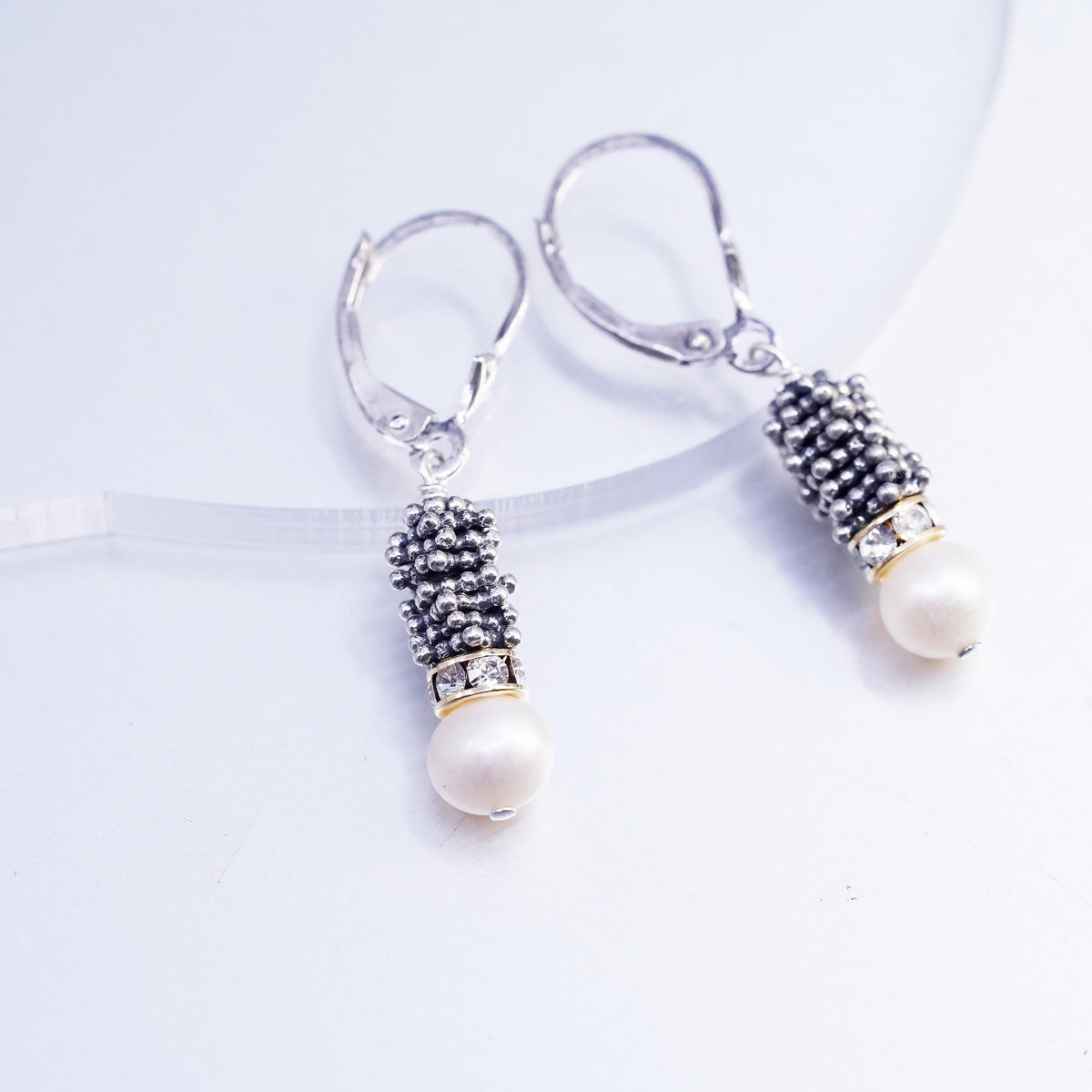 Sterling Silver 925 Pearl Drop Earrings, Rhinestone Dangles, Oxidized Leverback