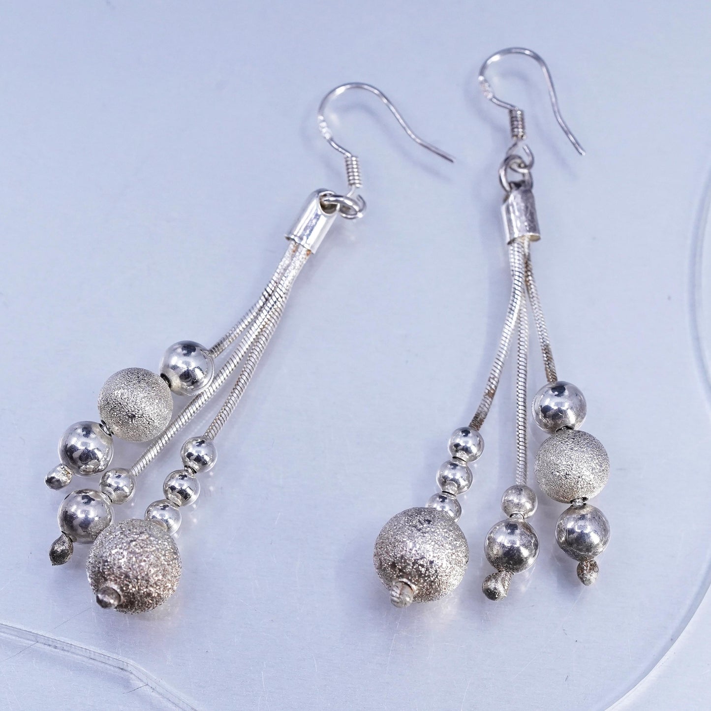 Vintage Sterling 925 silver snake chain fringe beads earrings
