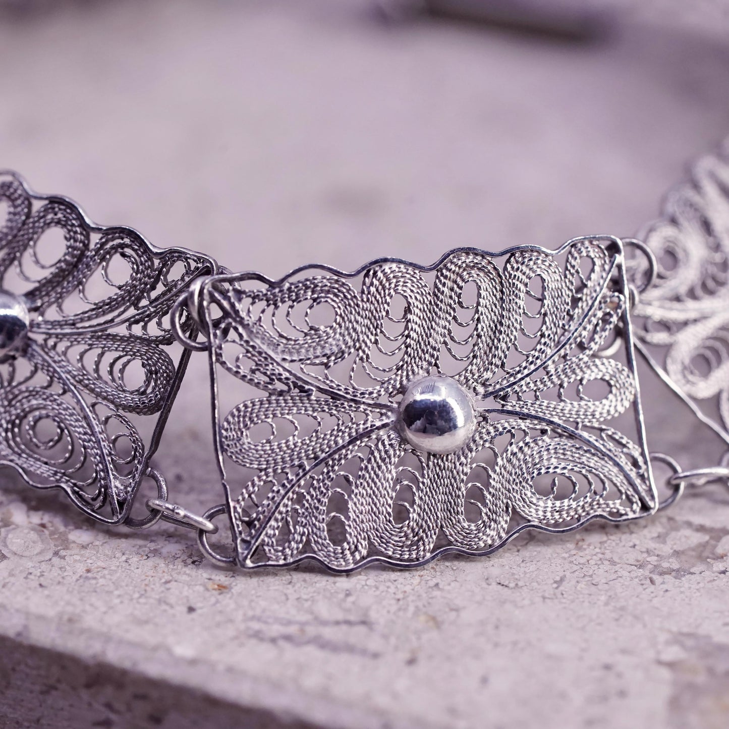 7", vintage sterling silver handmade bracelet, 925 filigree disc bracelet