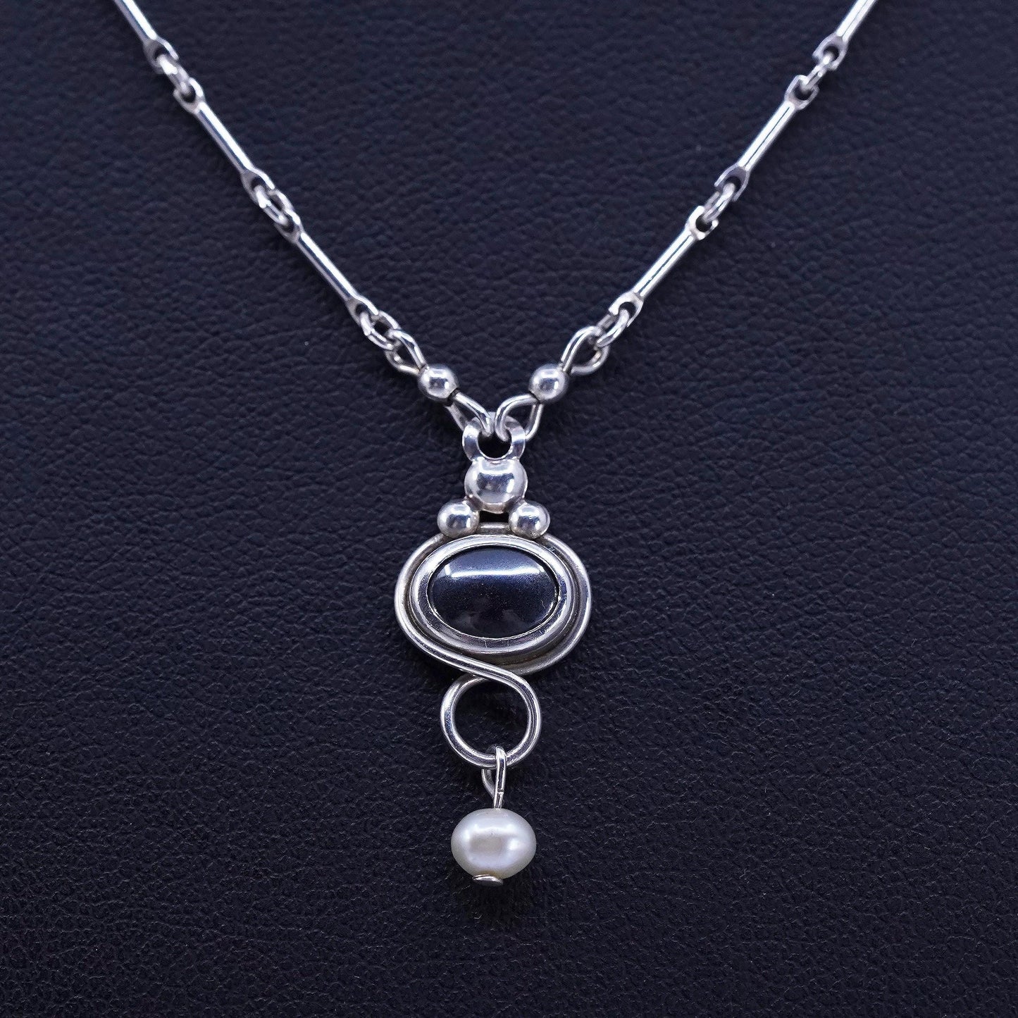 16”, Vintage Sterling 925 silver handmade bar chain necklace hematite pendant