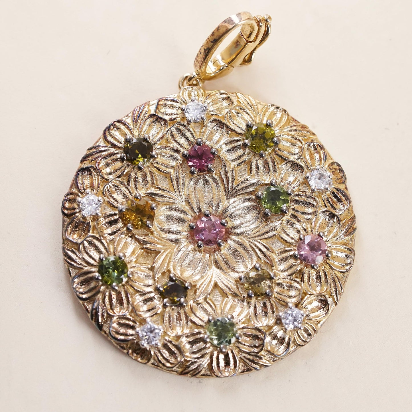 Vintage gold plated Sterling 925 silver textured flower pendant multi gemstones