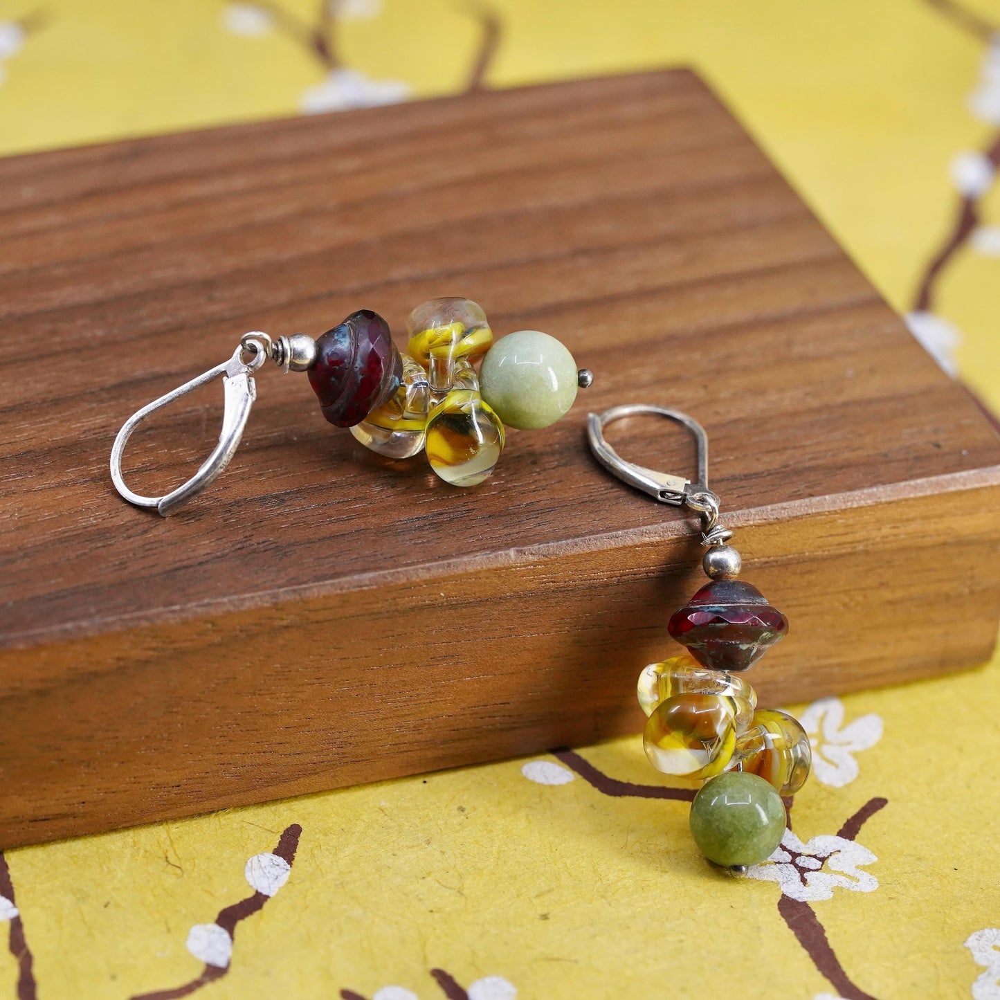 Vintage sterling 925 silver earrings with artisan glass bead lever back closing