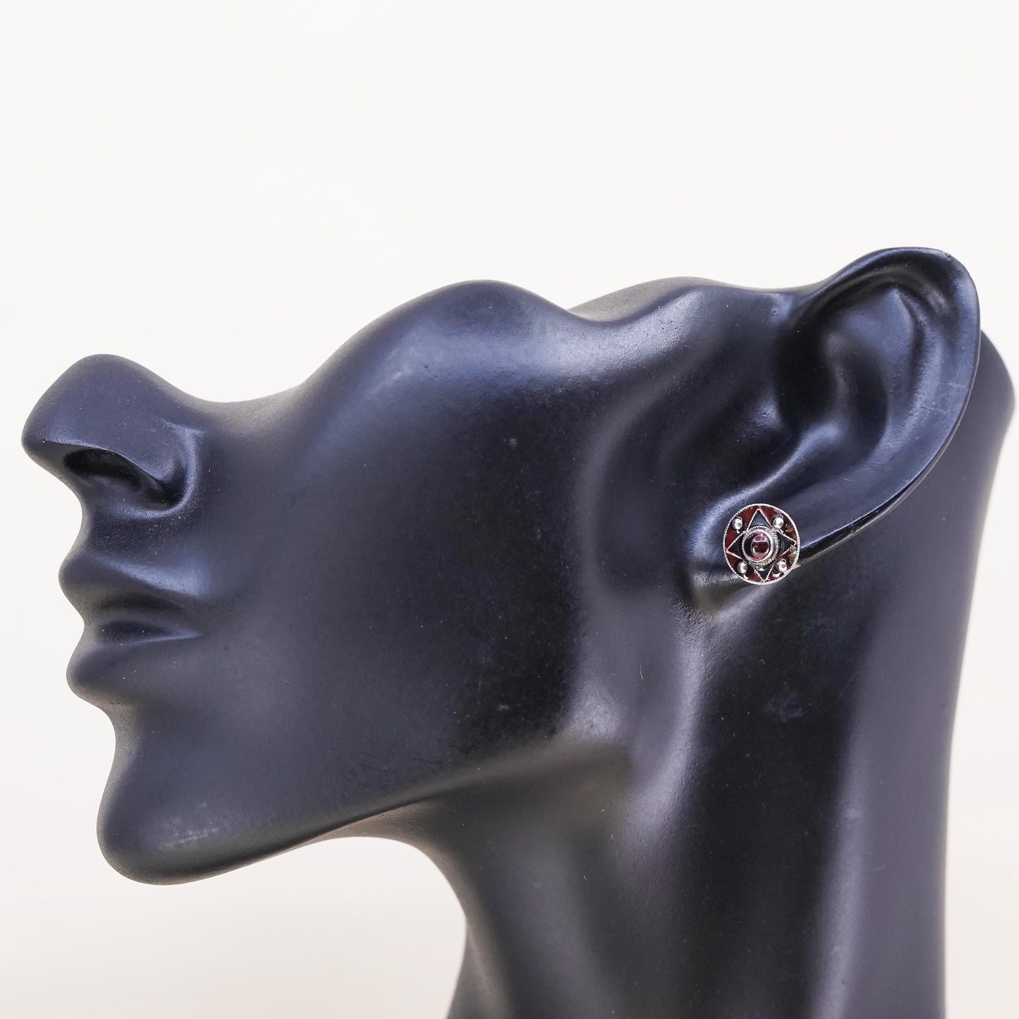 Vintage handmade single earring. Sterling 925 silver stud with garnet