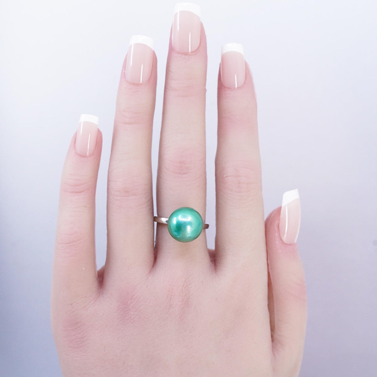 Size 7.25, vintage Sterling 925 silver handmade ring with solitaire green blue pearl, stamped 925
