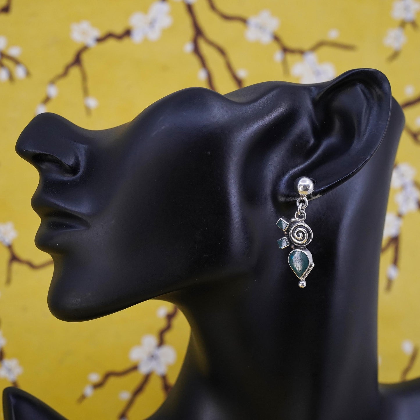 Peruvian Sterling silver spiral earrings, Inca chakra 950 teardrop dangles