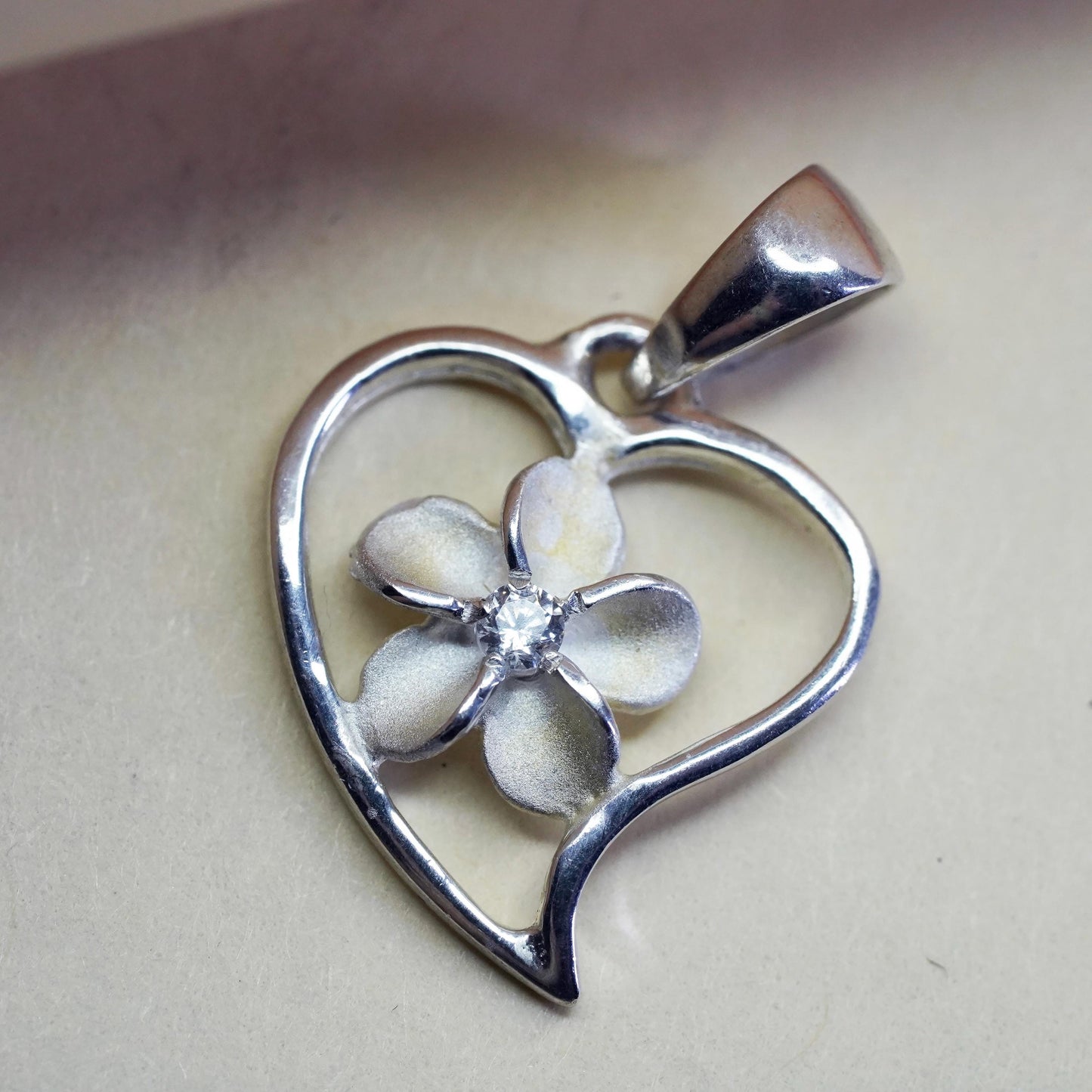 Vintage Sterling silver handmade pendant, 925 plumeria flower heart charm