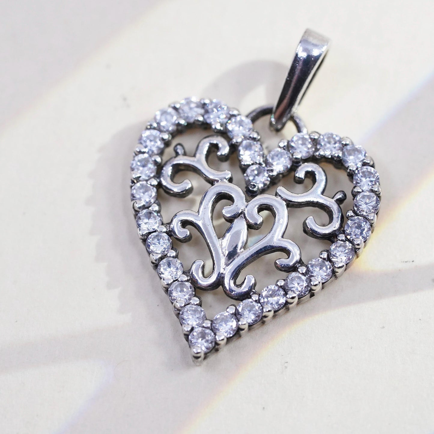 Vintage sterling silver filigree heart charm, 925 pendant with cluster Cz