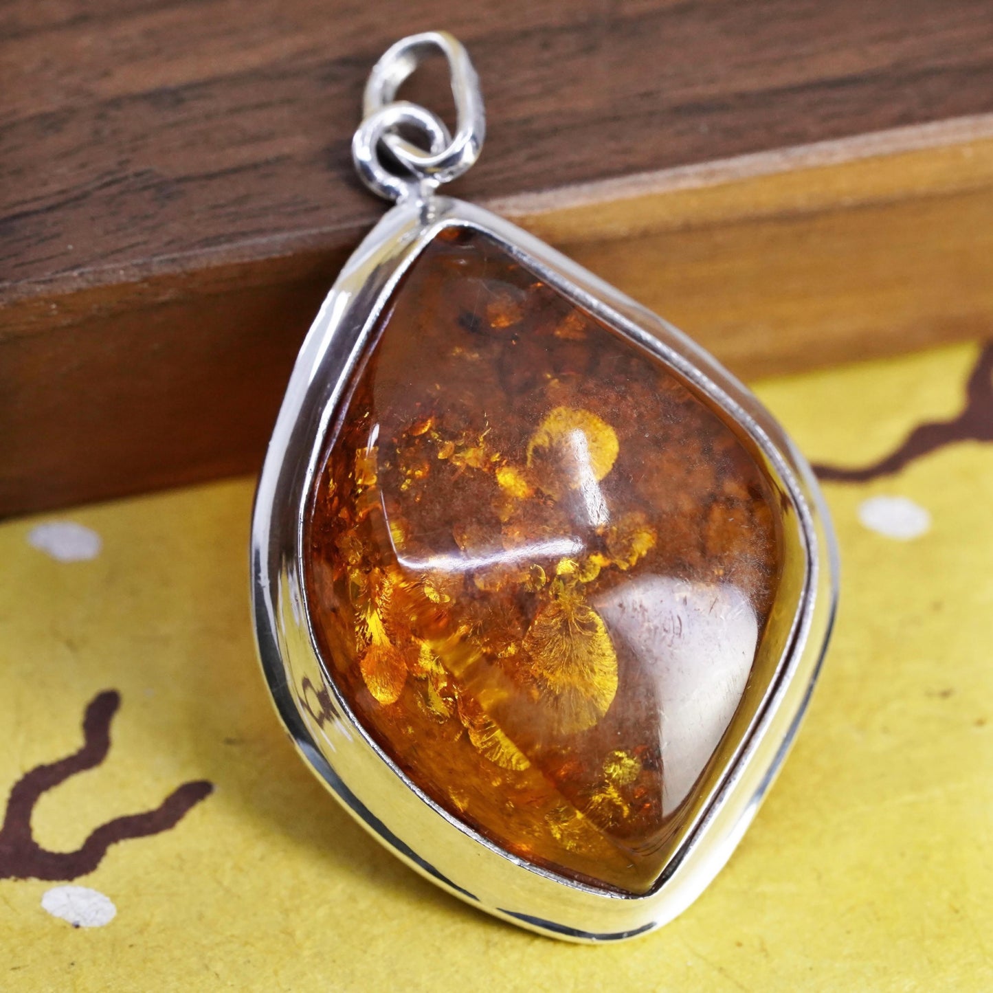 Vintage Sterling 925 silver handmade pendant with amber