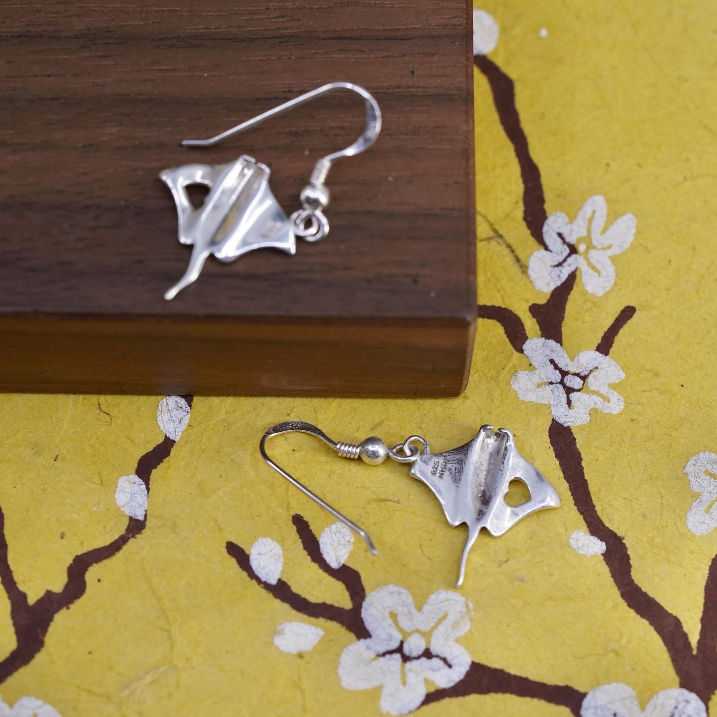 Vintage sterling silver handmade earrings, 925 stingray fish dangles