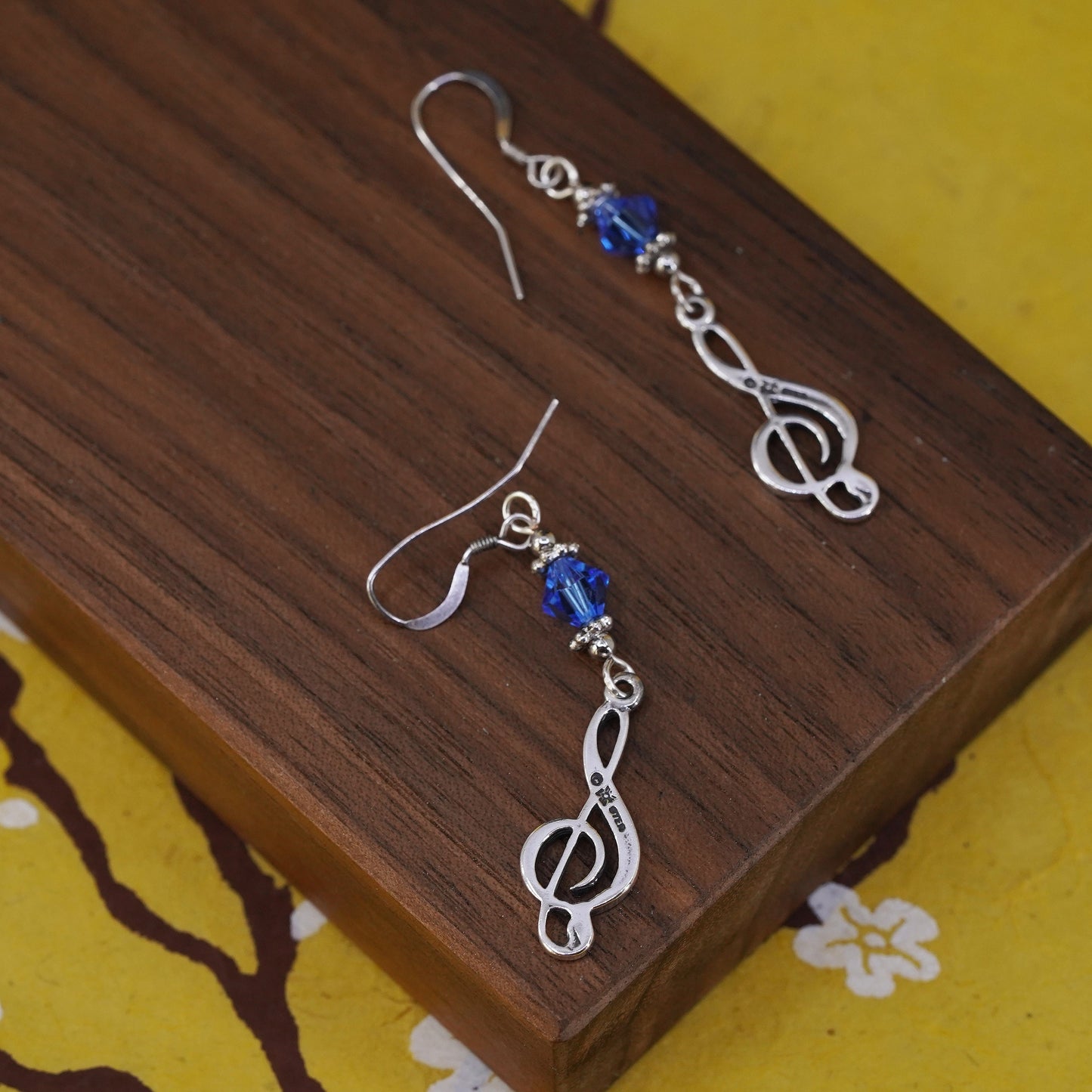Vintage Sterling silver handmade earrings, 925 music note with blue crystal