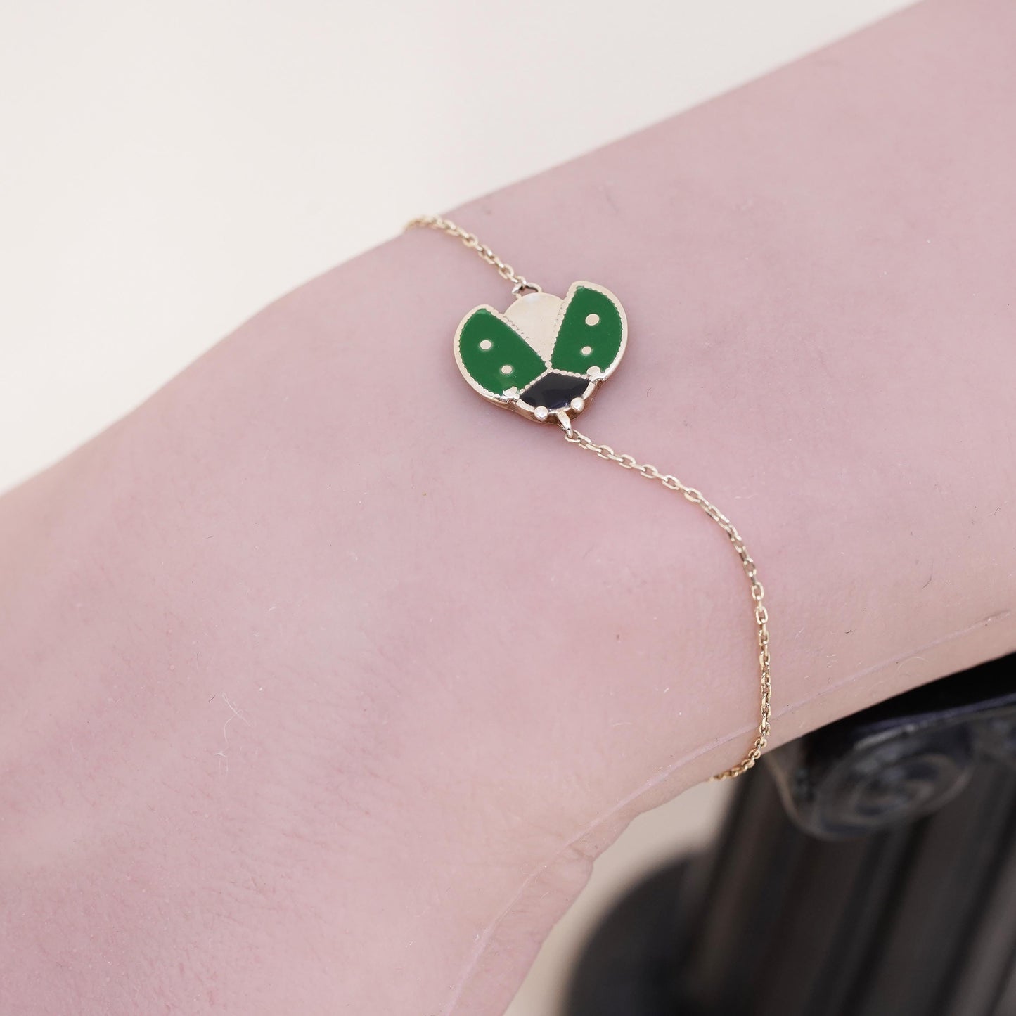 6.25”, vermeil gold over sterling silver bracelet, 925 circle enamel ladybug