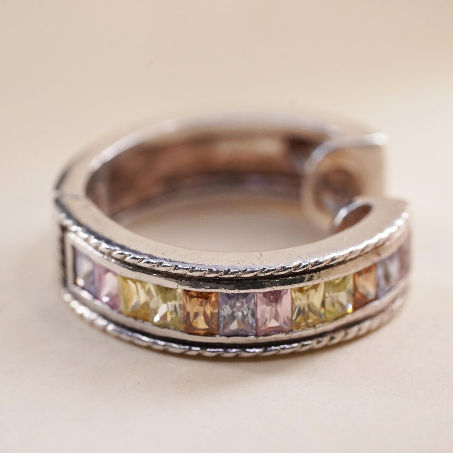 0.75”, Vintage sterling silver single earring, 925 huggie hoop with pinkish Cz