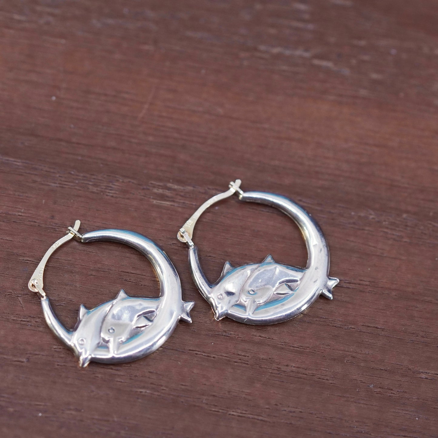 vintage 14K yellow gold with 925 sterling silver earrings, couple dolphin hoops