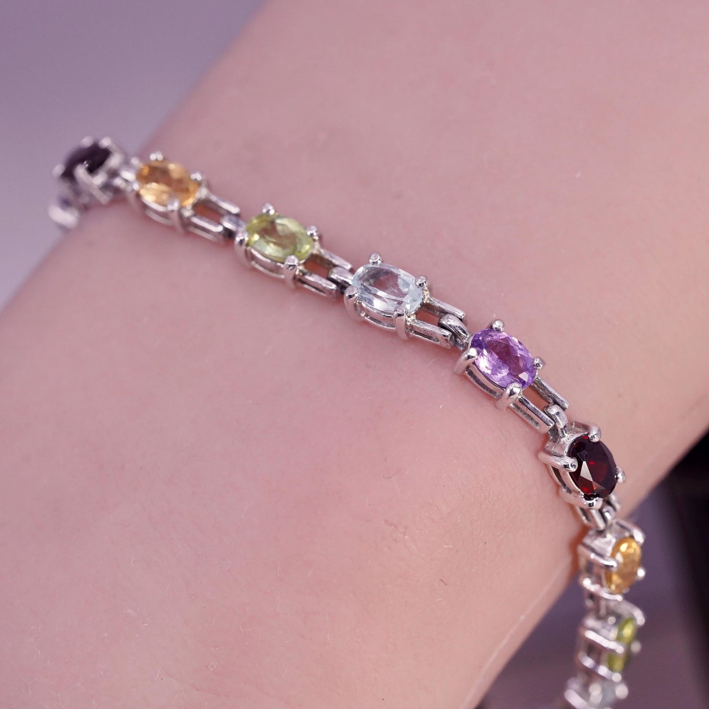 7”, sterling silver 925 tennis bracelet with multi color gemstones ruby peridot