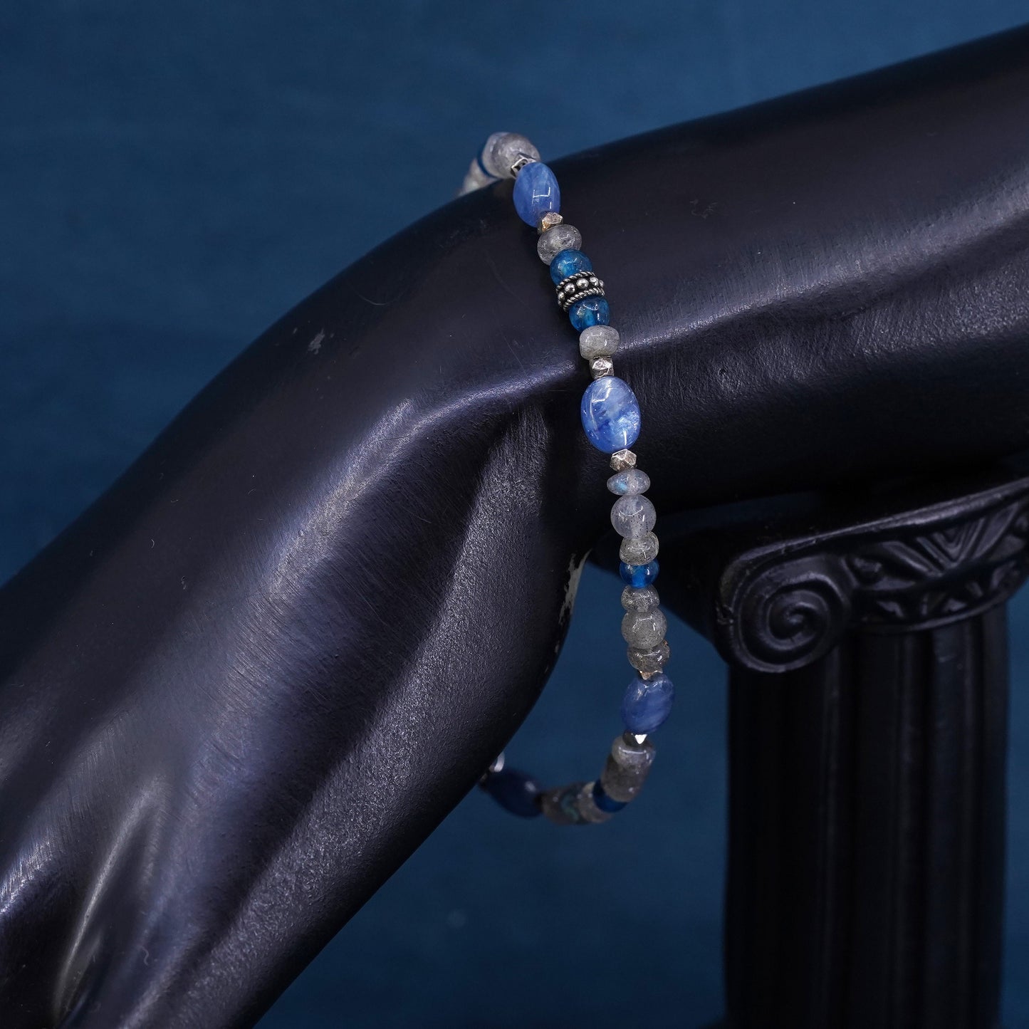 7.75”, sterling silver bracelet with blue Swarovski crystal moonstone beads