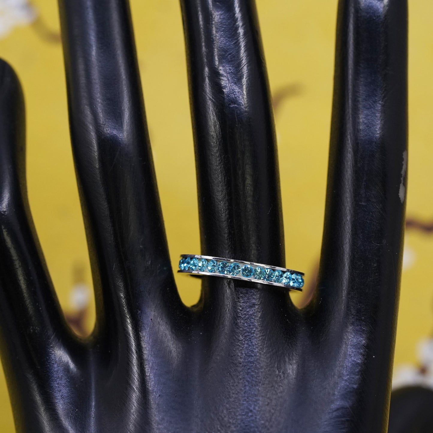 Size 8.25, vintage Sterling silver handmade ring, 925 stackable band blue cz