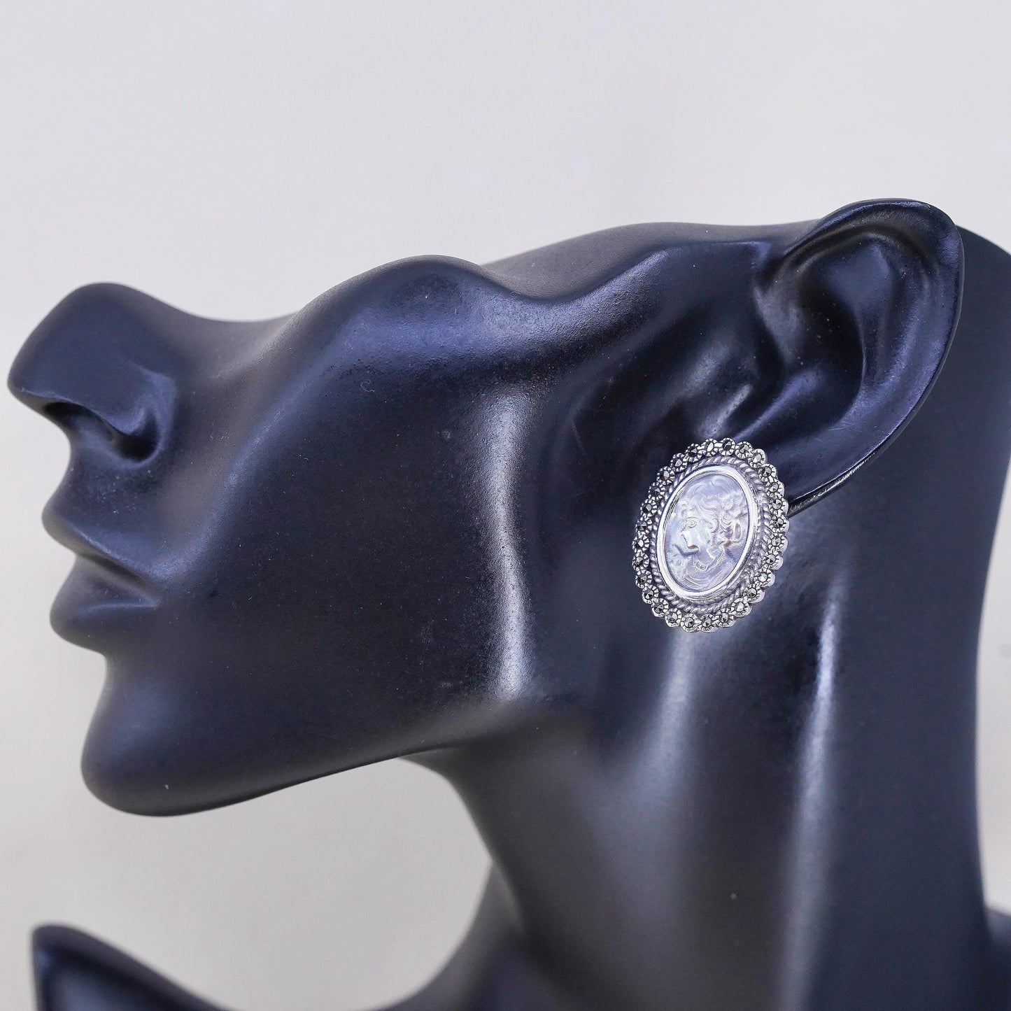 925 Sterling Silver Cameo Earrings, Marcasite Earrings, Mother of Pearl Studs