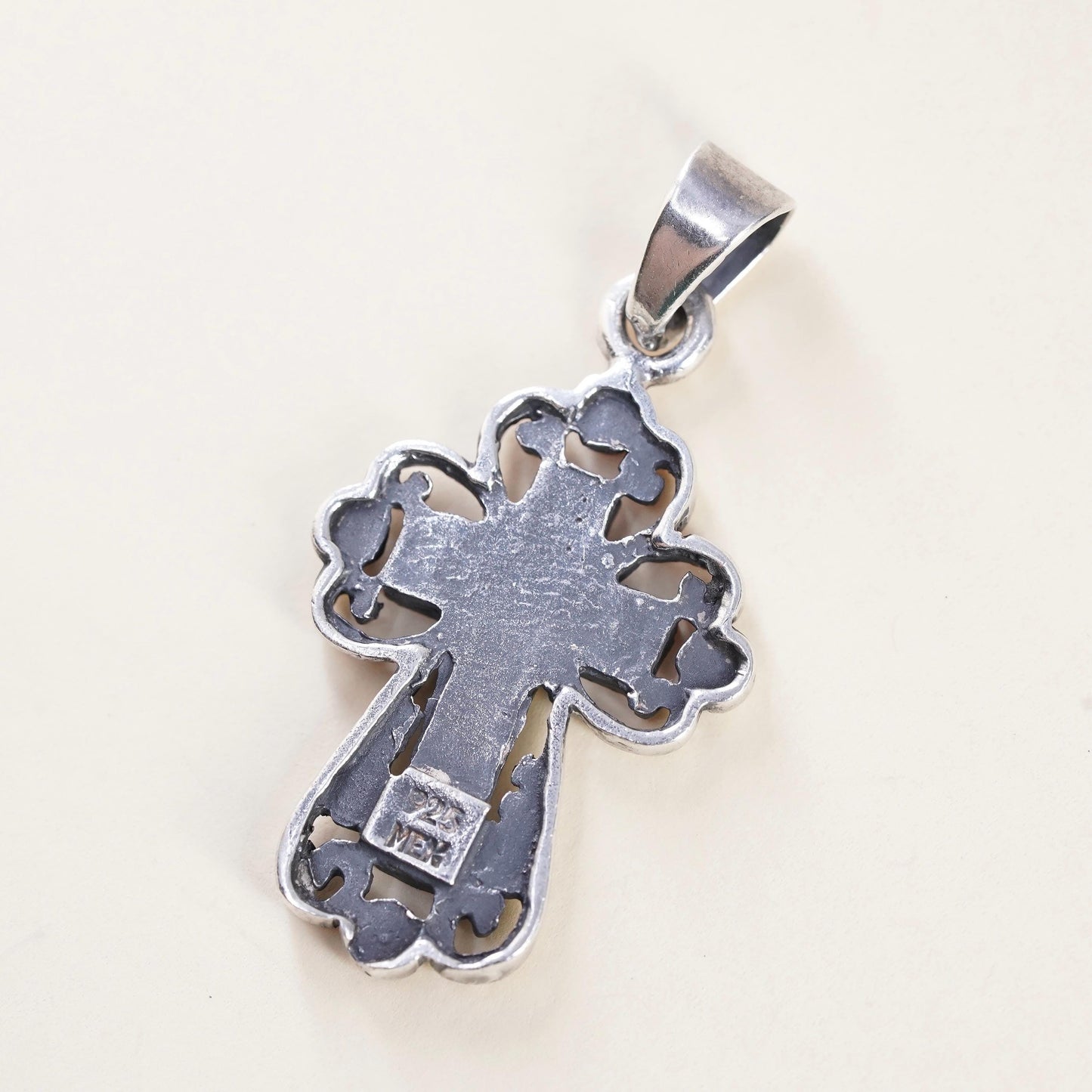 Vintage southwestern Mexican Sterling silver pendant, filigree 925 cross with turquoise inlay, stamped 925 Mex