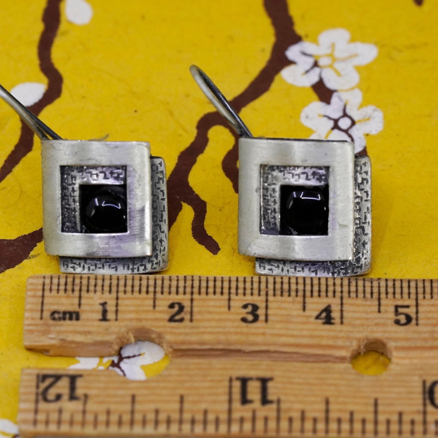 Vintage Sterling 925 silver handmade matte double square earrings with obsidian