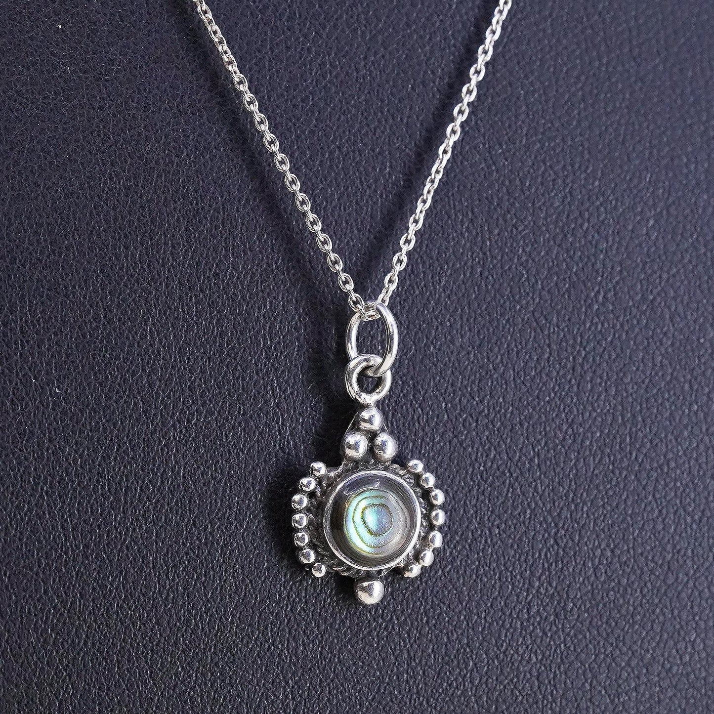 18” sterling 925 silver handmade circle chain with abalone inlay beaded pendant