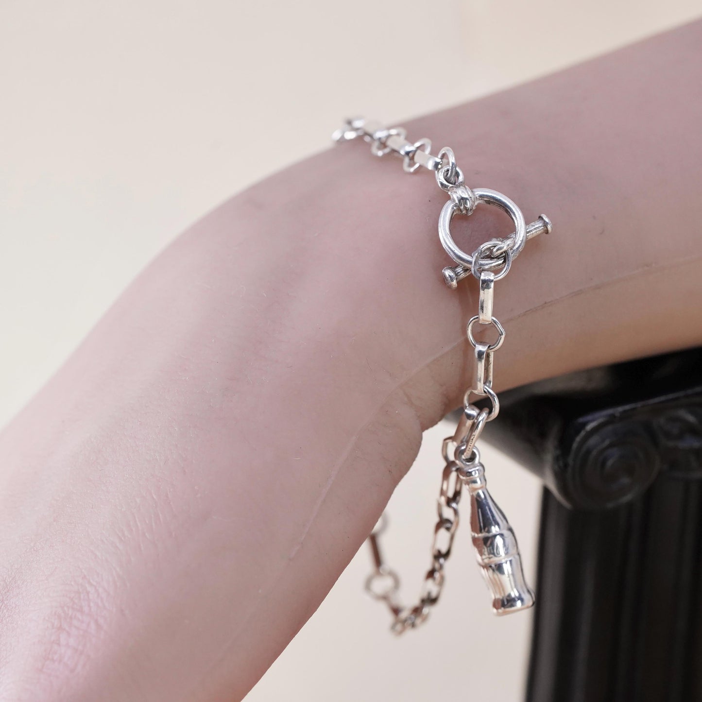7.75” 3mm, vintage sterling silver bracelet, 925 elongated chain bottle charm