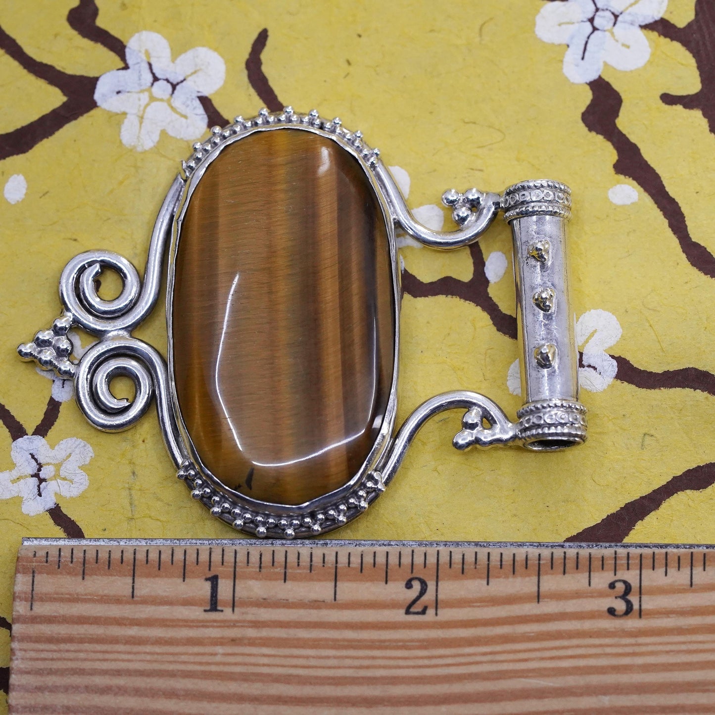 Vintage Sterling 925 silver handmade huge slide pendant golden tiger eye beads