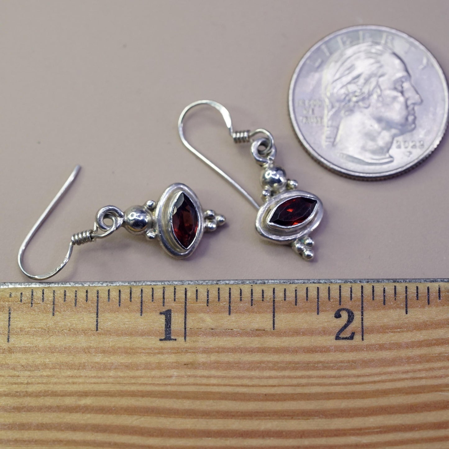 Vintage sterling 925 silver handmade earrings with garnet and beads