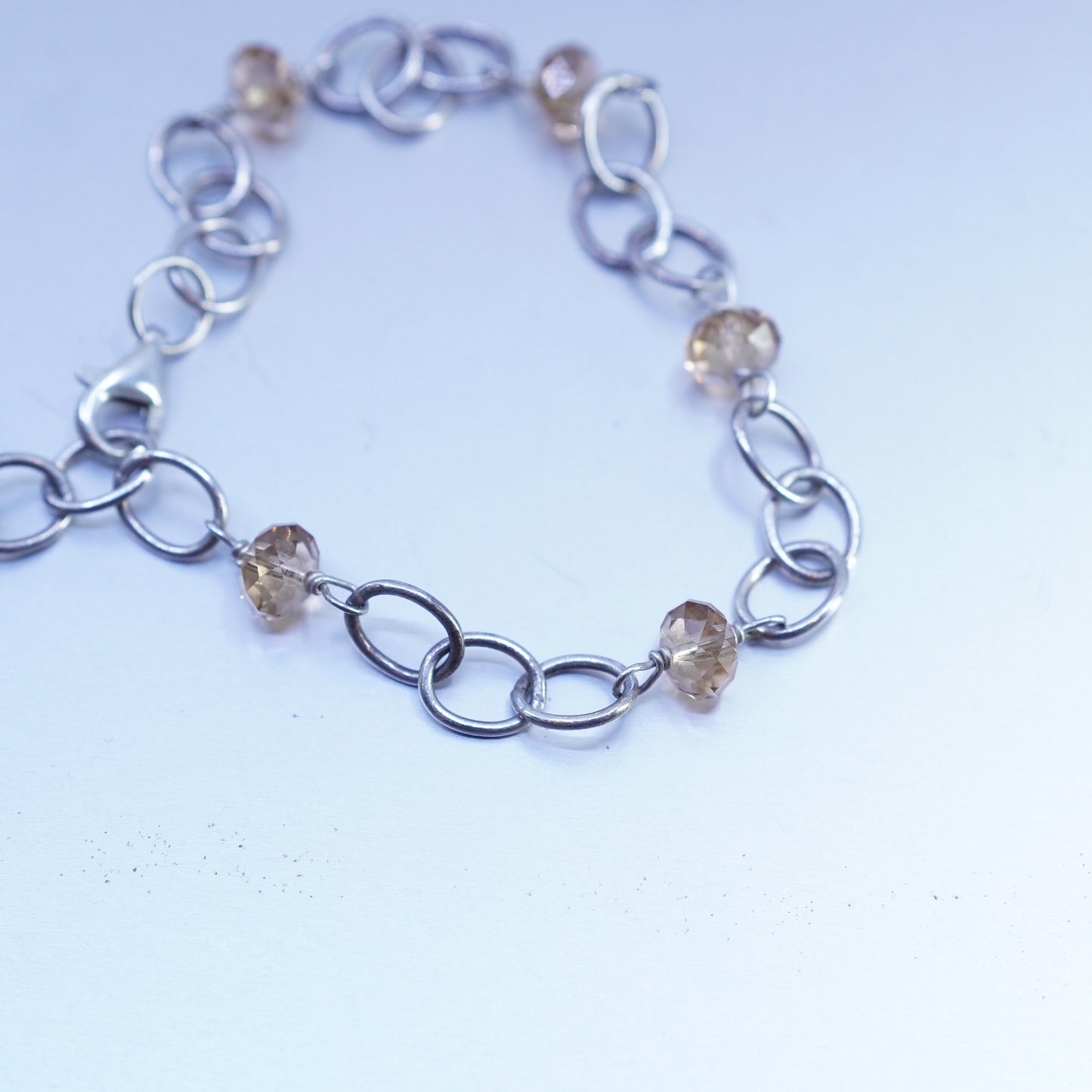 8”, Mexico Sterling 925 silver bracelet, oval link chain w/ citrine heart charm