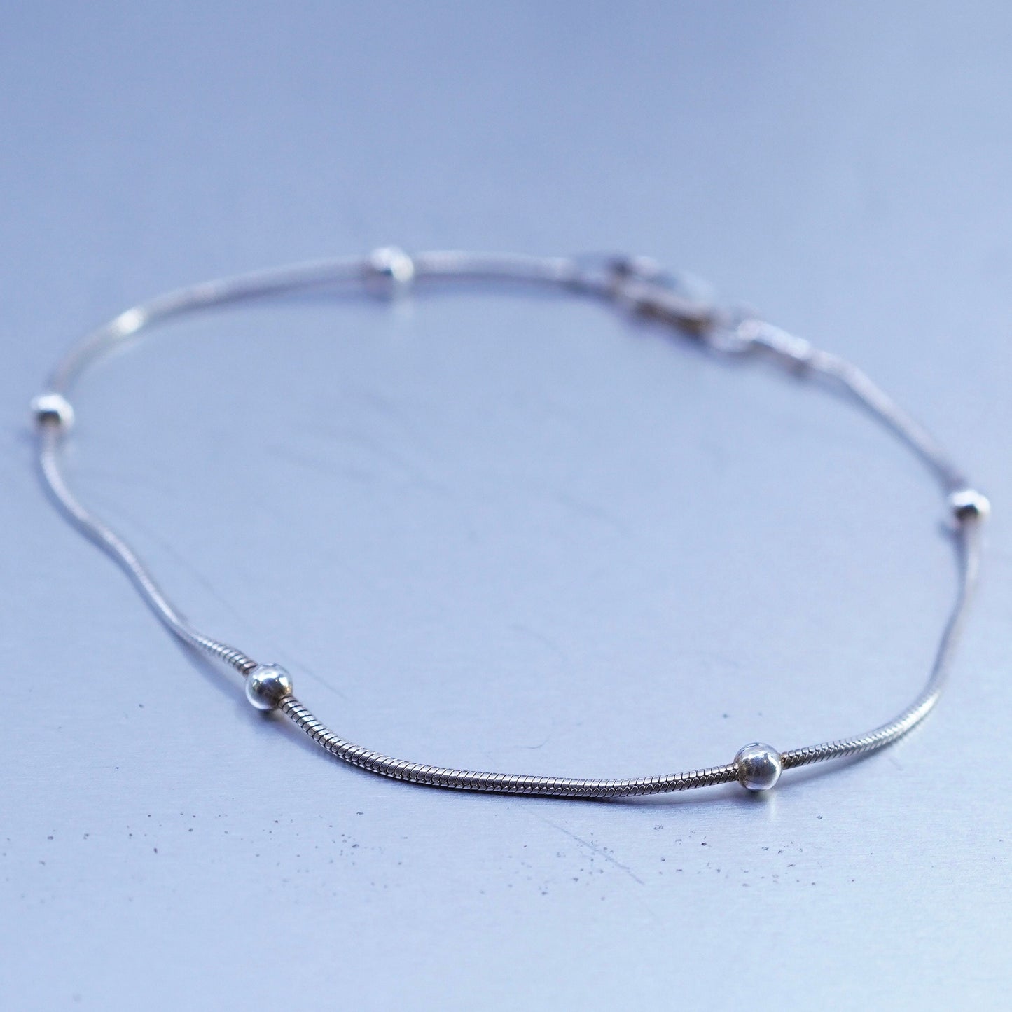 7”, 1mm, Sterling 925 silver handmade bracelet, snake chain with beads