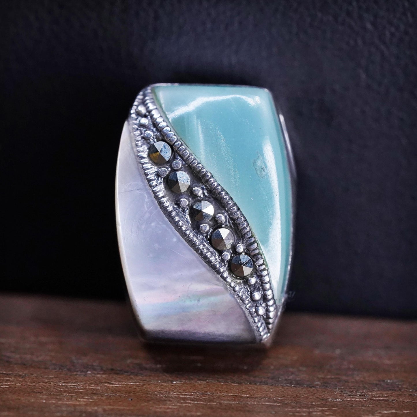 Sterling 925 silver handmade teardrop pendant pink mother of pearl marcasite