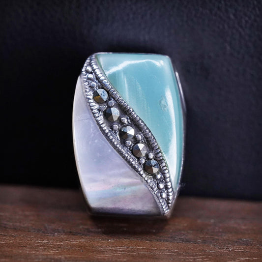 Sterling 925 silver handmade teardrop pendant pink mother of pearl marcasite