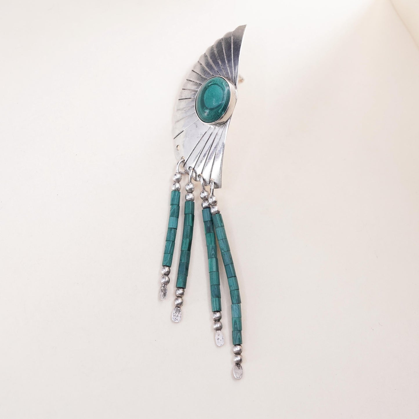 Native American single earring Navajo Sterling 925 silver malachite wing fringe