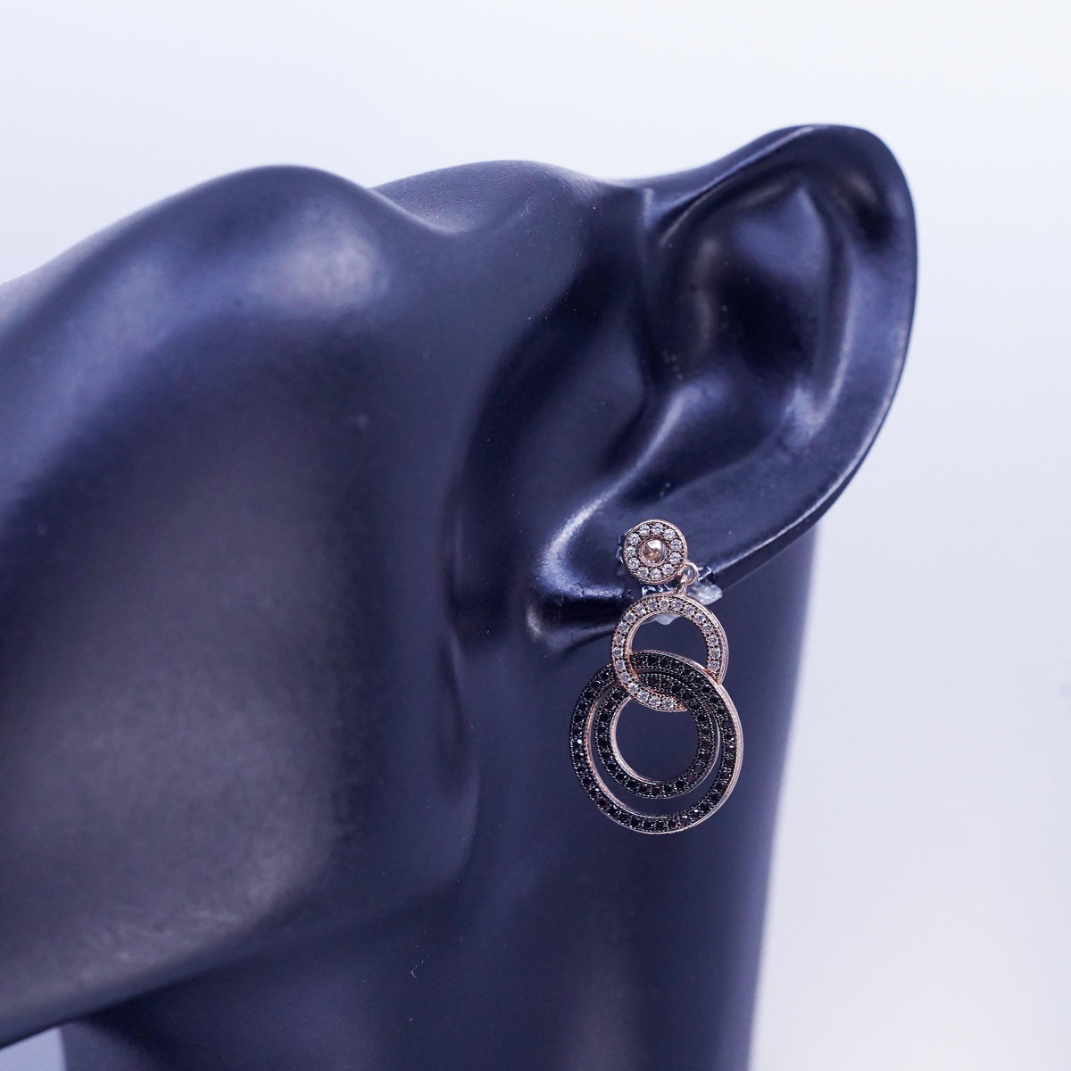 Vermeil Sterling Silver 925 Studs Earrings, Rose Gold CZ Halo, Entwined Dangles