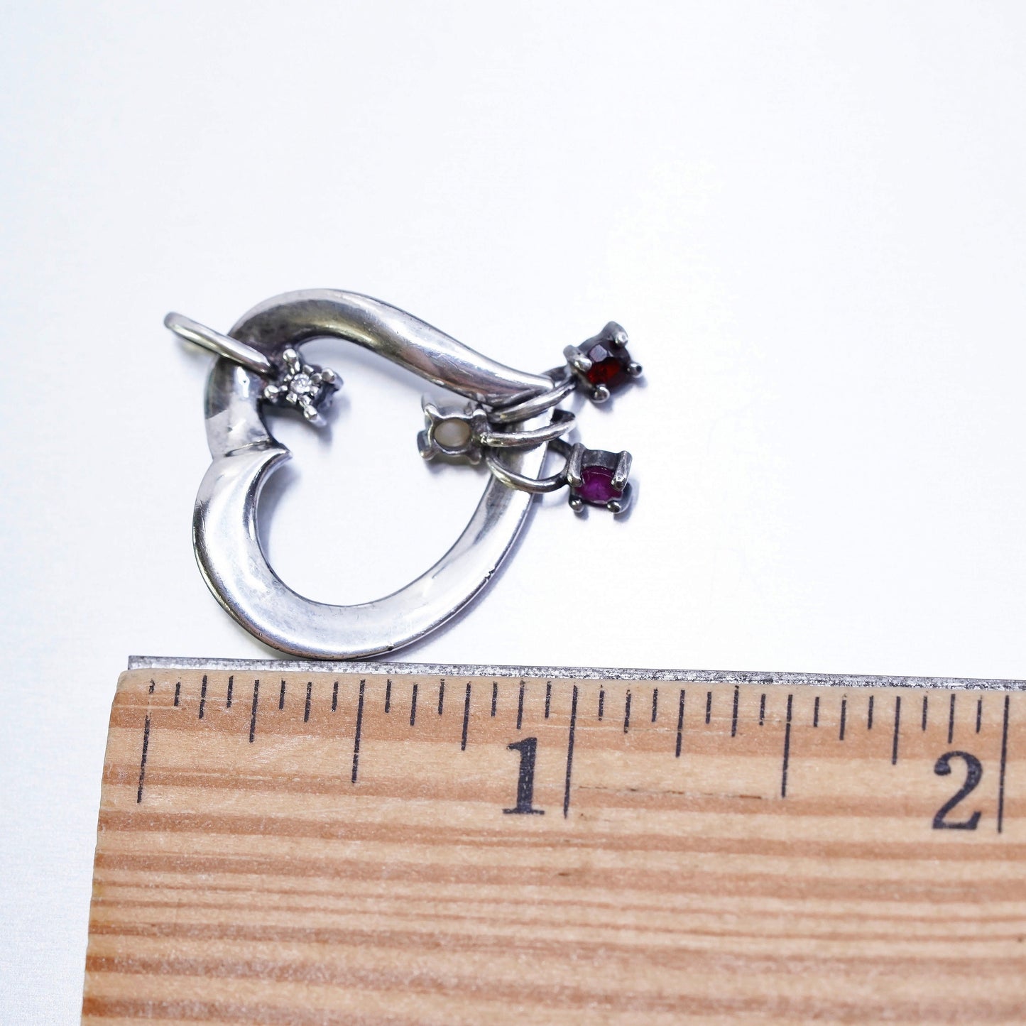 Lenox sterling 925 silver pendant, heart with ruby garnet diamond and pearl