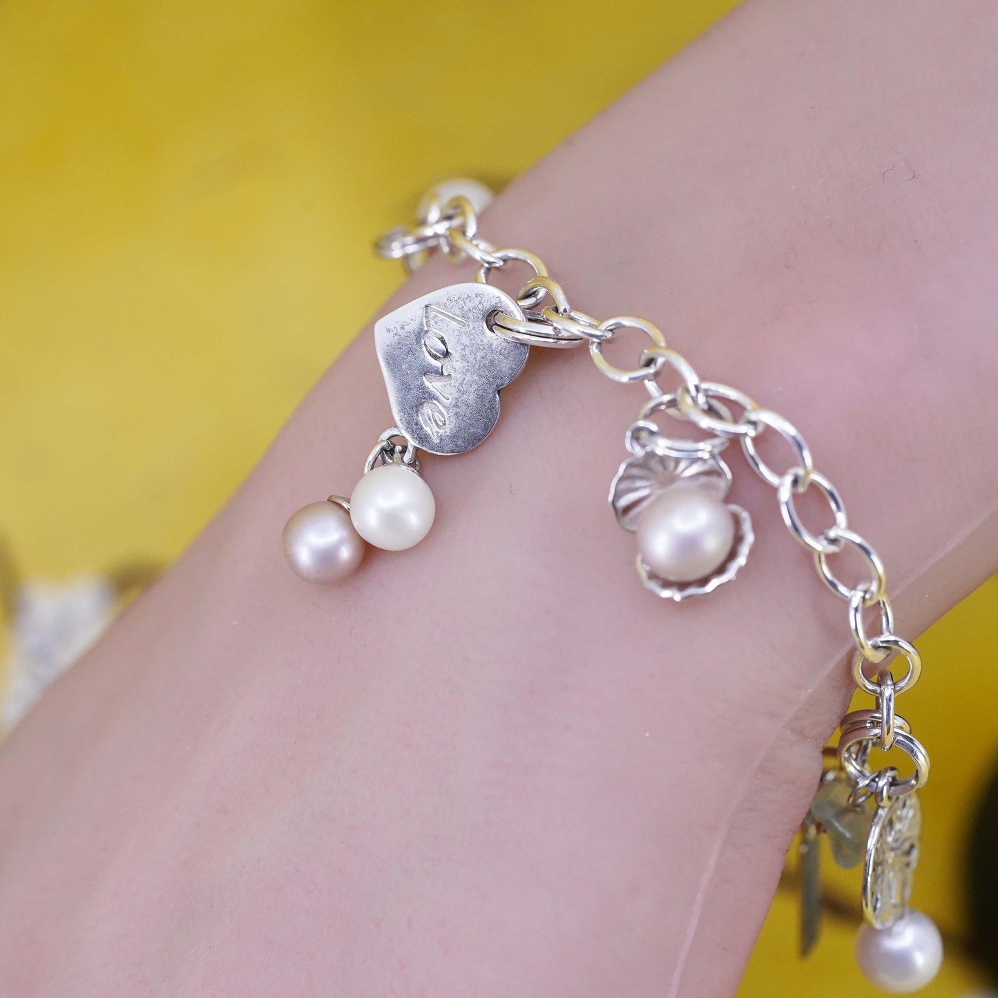 7.5” Sterling silver bracelet, 925 oval chain pearl heart lock key paw charms