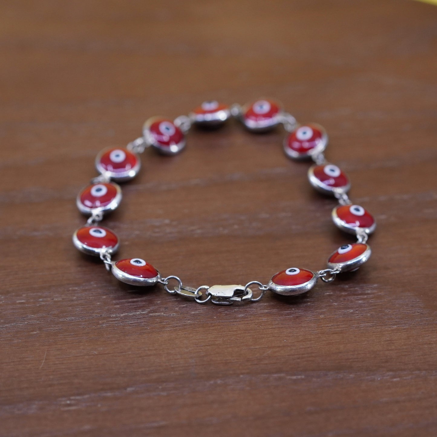 7.75”, vintage sterling 925 silver handmade bracelet red evil eye bracelet