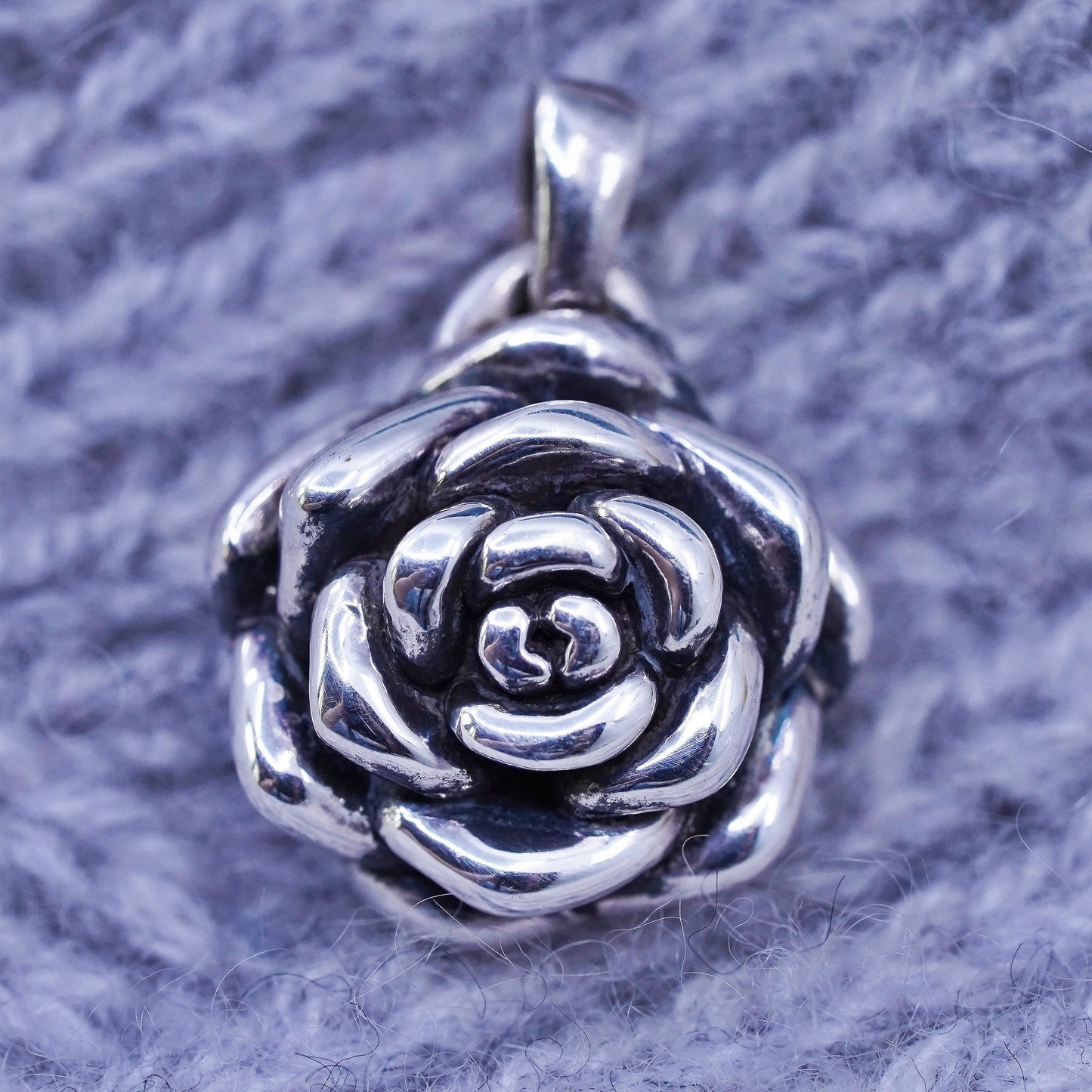 Vintage Sterling silver handmade pendant, puffy 925 rose flower