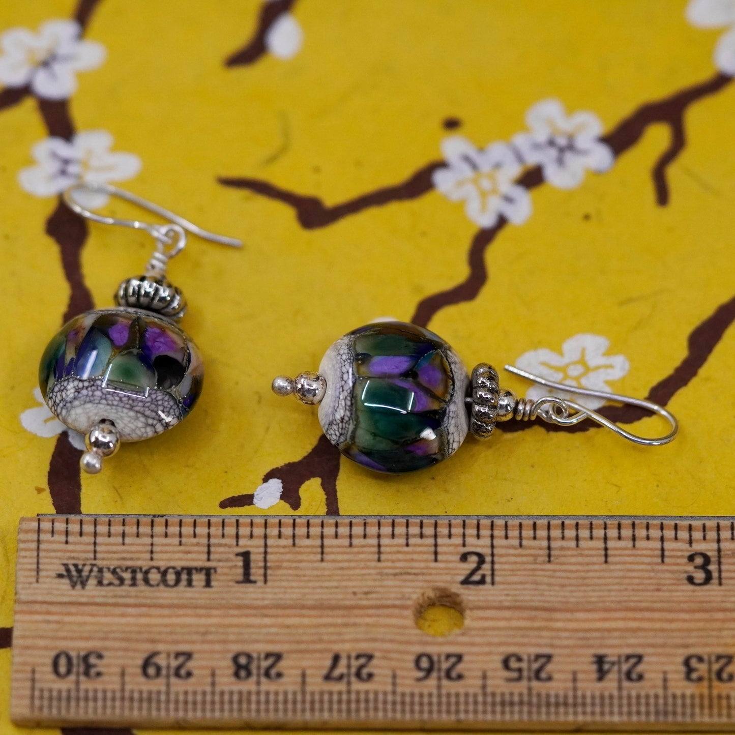 Vintage Sterling silver handmade earrings, 925 round foiled glass beads