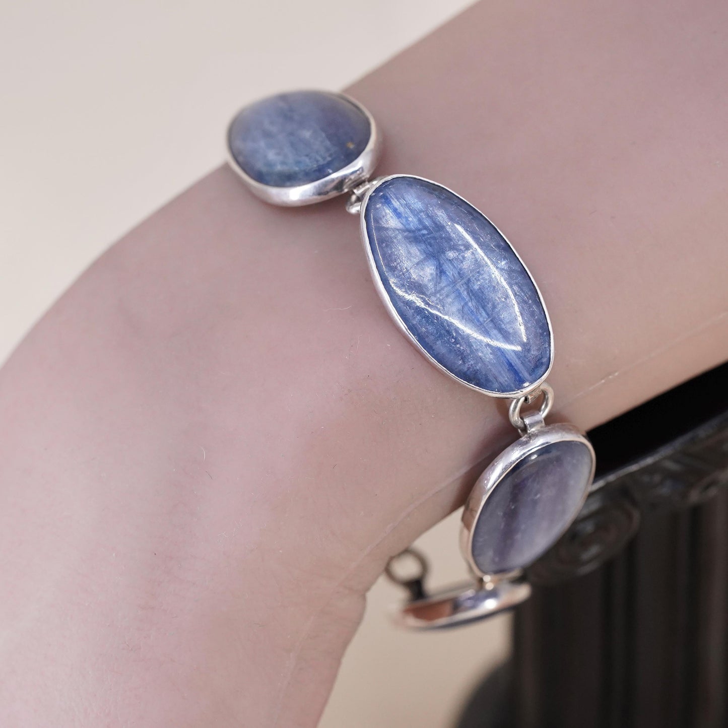 7”, Sterling 925 Silver Blue Kyanite Bracelet, Oval Kyanite Cabochon chain