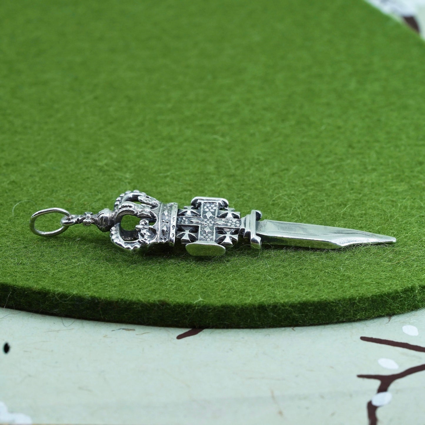 Vintage Sterling silver handmade pendant, 925 Christian crown dagger