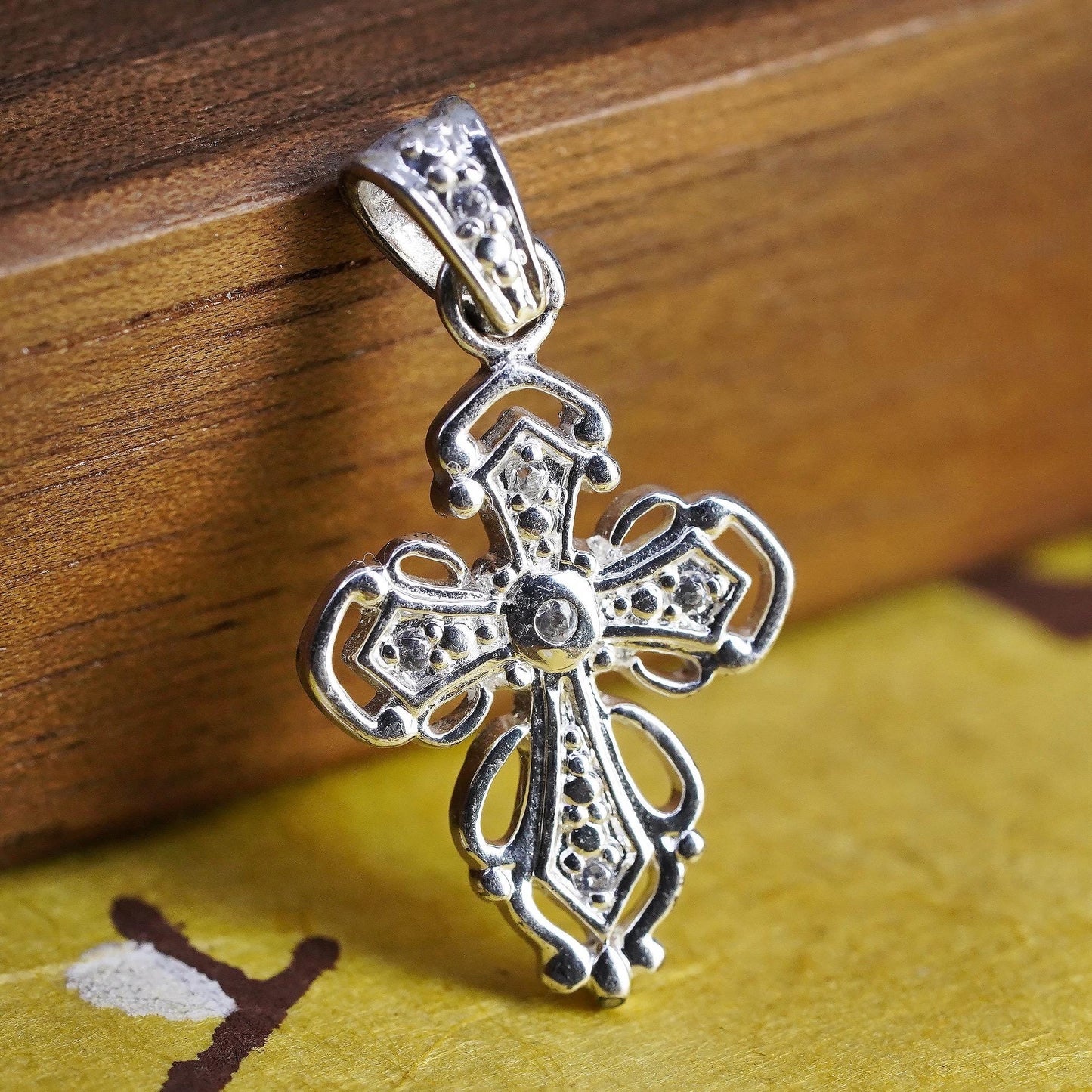 Sterling Silver Gothic Cross Pendant, Filigree CZ Charm, 925 Religious Pendant