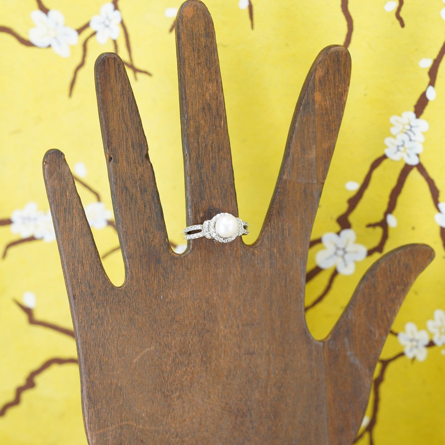 size 7.25, Sterling 925 silver handmade ring, stackable band with cz and pearl