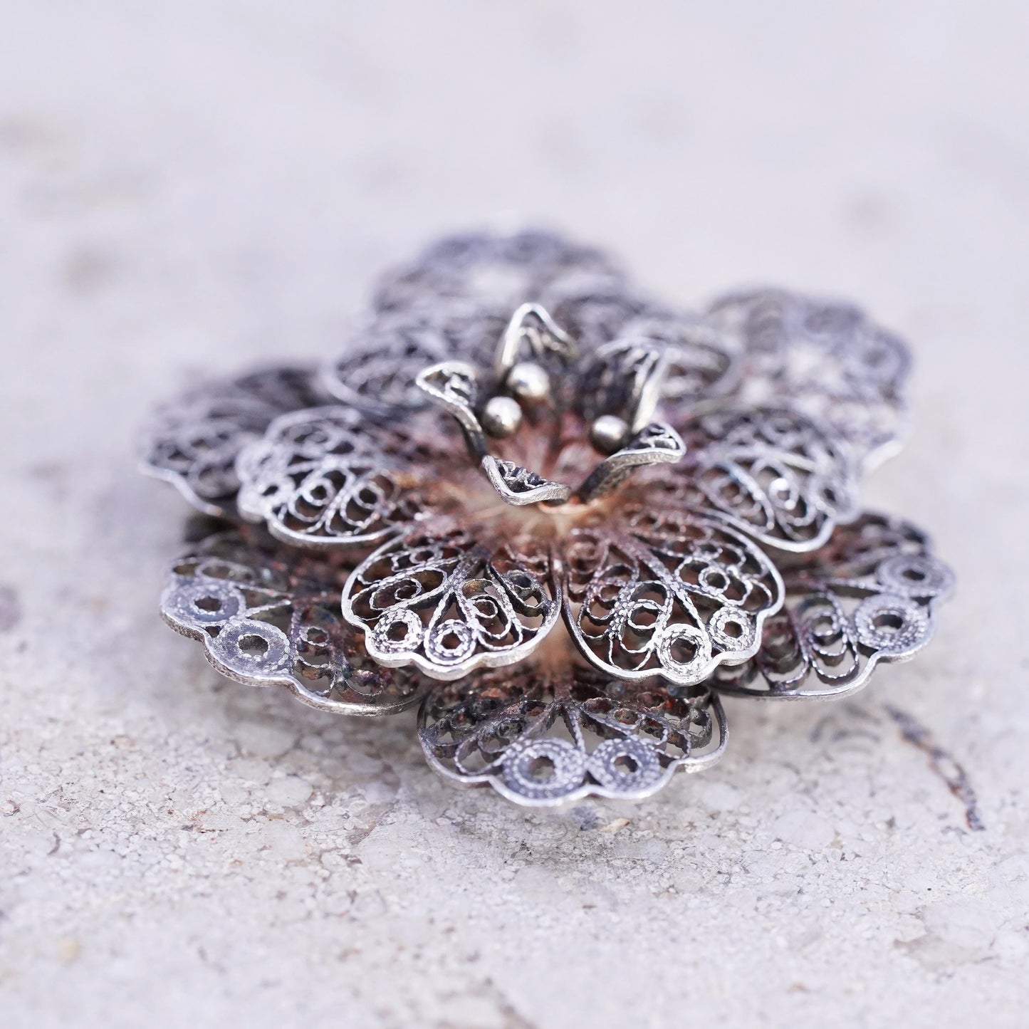 Vintage sterling silver handmade brooch, 925 filigree flower snowflake pin